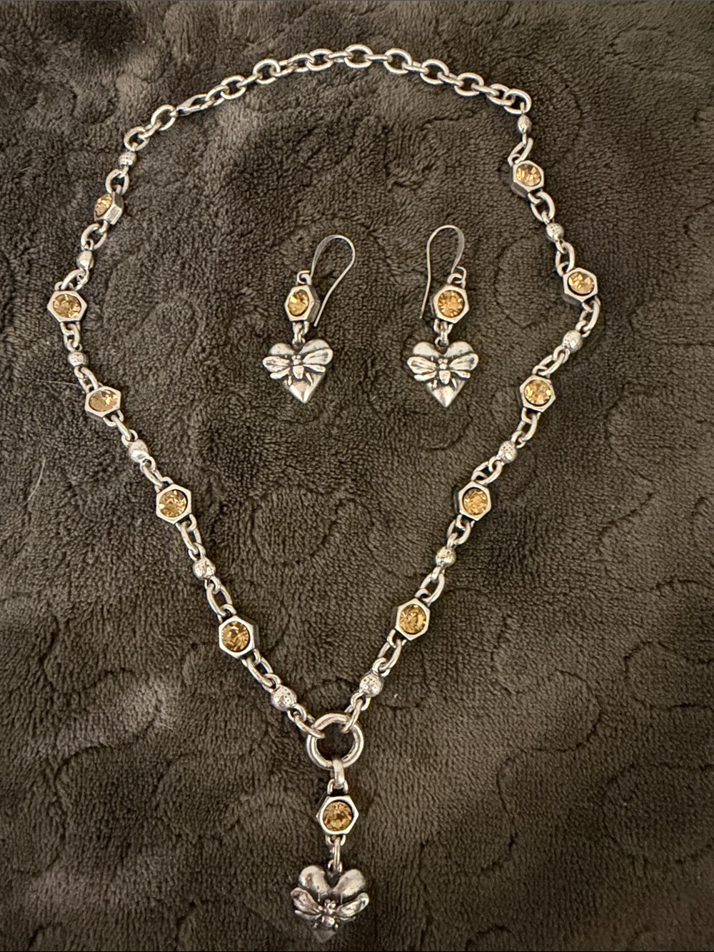 Silver-tone Heart and Bee Pendant Necklace and Earrings with Amber Stones